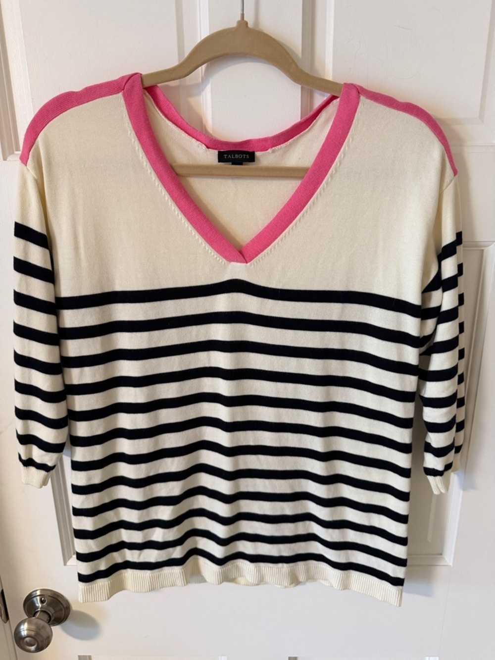 Talbots Ivory/Dark Navy Striped V-Neck Sweater Pink Trim Preppy Nautical Small